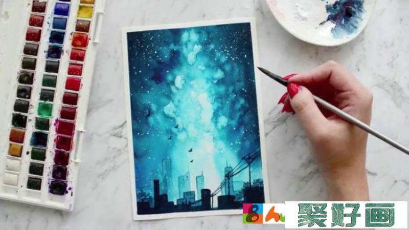 【视频】唯美的星空下城市夜空星空水彩画视频教程 星空的画法_www.youyix.com