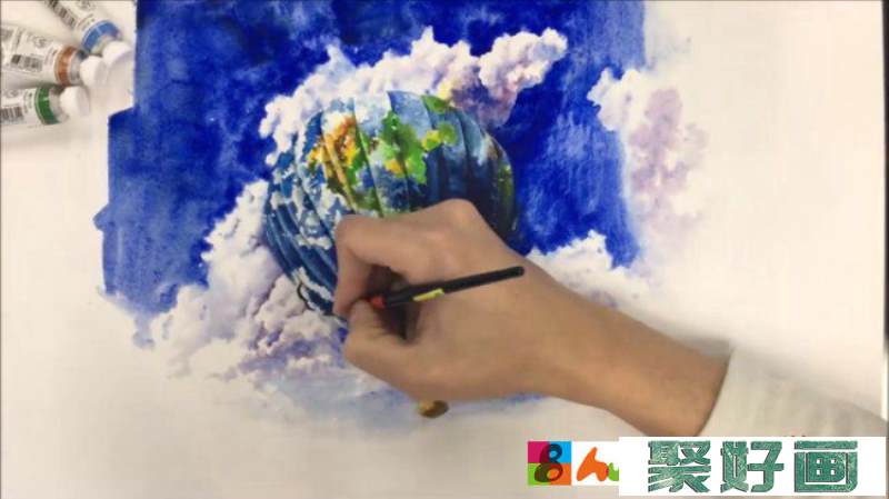 【视频】超美的热气球与天空水彩视频教程 蓝天白云 云朵热气球的水彩画法 怎么画_www.youyix.com