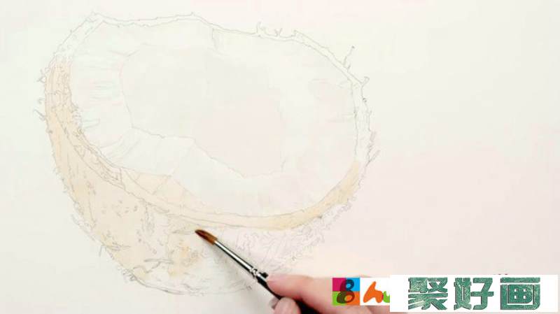 【视频】教你画一个逼真的椰果壳水彩手绘视频教程 椰果的水彩画法_www.youyix.com