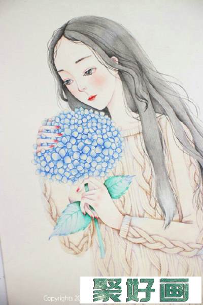 少女与绣球花水彩画图片教程步骤 唯美长发美女与鲜花球水彩手绘教程_www.youyix.com