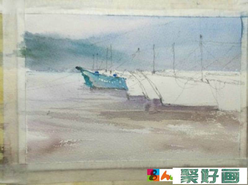 小鱼港渔船风景水彩画 渔船水彩手绘教程 简单渔船的画法_www.youyix.com