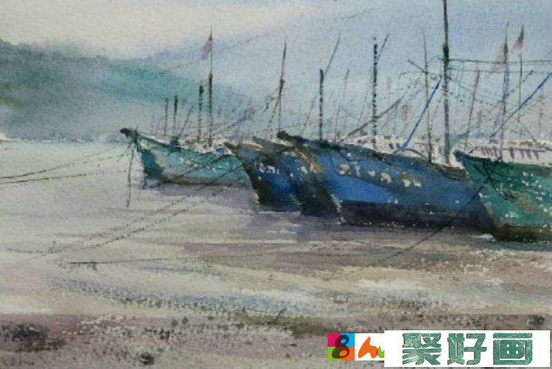 小鱼港渔船风景水彩画 渔船水彩手绘教程 简单渔船的画法_www.youyix.com
