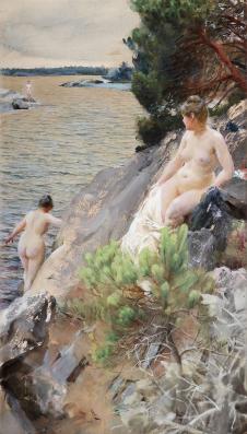 佐恩水彩作品: 河边洗澡的裸女水彩画欣赏