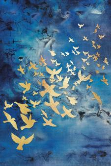 两联晶瓷画素材: 蓝色抽象背景上的金色飞鸟 A