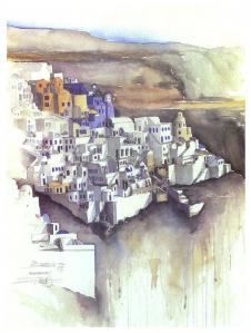 欧式建筑水彩画: 海边山崖上的城镇 A