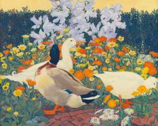 花园里的菊花和鸭子油画欣赏