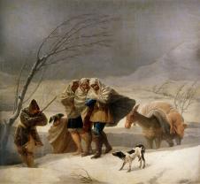 戈雅作品 : 顶着风雪行走的行人毛驴和小狗