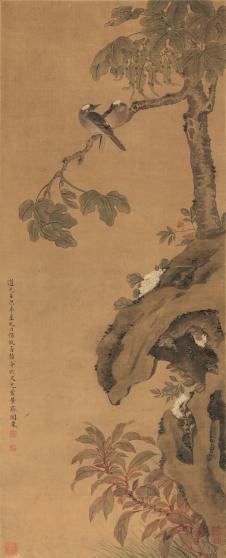 清 阙岚 花鸟（梧桐白头图）绢本 40.7x100.6.