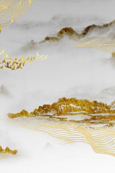 山水晶瓷画素材: 山水画和金色线条装饰画下载 B