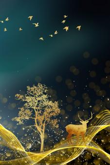 麋鹿晶瓷画: 金色麋鹿和发财树装饰画素材下载 C