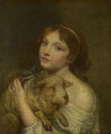 格勒兹油画作品: 抱着羊羔的女孩 A Girl with a Lamb