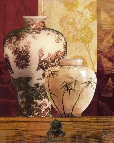 中式装饰画高清素材: 富贵瓶 青花瓷和旧桌子 A