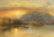 安德鲁·尼科尔 Figures boating on a tranquil lake with mountains in the distance