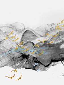 简约山水画: 山峦上的金色飞鸟 A