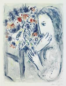 夏加尔水彩画作品: 赏花的女人 高清大图下载