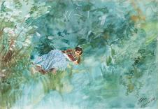 佐恩水彩作品:躺在草地上的女人水彩画欣赏