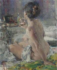 费欣作品: 坐在床上的性感裸女