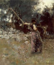 萨金特油画作品: a capriote 靠在树上的女人油画