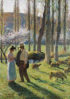 亨利马丁油画: 树林里的羊群和情侣