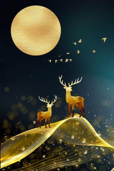 麋鹿晶瓷画: 金色麋鹿和发财树装饰画素材下载  A