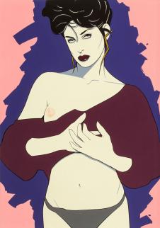 Patrick Nagel作品 : 露着乳房的女人半身像