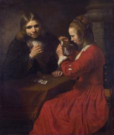 伦勃朗作品: 玩纸牌的男女 a young man and a girl playing cards