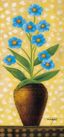 花瓶丙烯画系列: 陶罐里的小蓝花