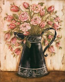 欧式复古装饰画素材: 浇水壶与玫瑰花
