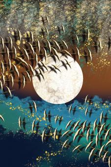 现代三联晶瓷画素材:月亮下的飞鸟装饰画欣赏　A