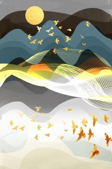 三联飞鸟装饰画素材: 山林中的飞鸟晶瓷画欣赏 B