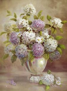 欧式唯美瓶花装饰画高清素材下载: 花瓶中的绣球花和小菊花
