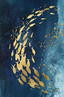 两联晶瓷画素材: 蓝色海底游玩的金色鱼群 A