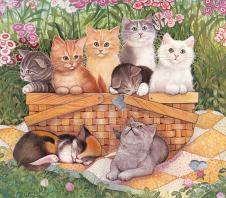 田园猫水彩画系列: 花园里的一群可爱的小猫