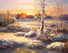 黄昏下的雪景油画欣赏