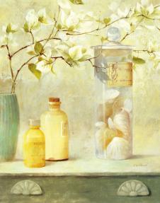 欧式唯美静物装饰画素材: 桌子上的瓶子和玉兰花
