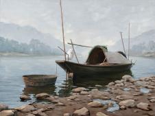 河边停泊的渔船油画欣赏