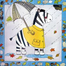 三联可爱动物画: 雨中打伞的斑马装饰画下载