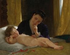布格罗油画:年轻母亲凝视她的孩子