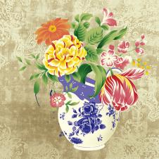 电脑装饰画: 青花瓷与盛开的花 C