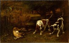 库尔贝作品: 两条猎犬和一只死野兔 Hunting Dogs with