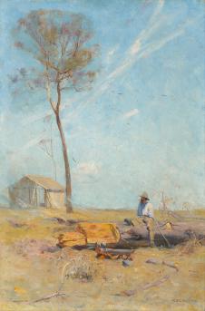 阿瑟·斯切特 (Arthur Streeton) The selector's hut (Whelan on the log)