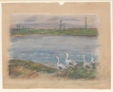 西斯莱作品: 河边的一群鸭子