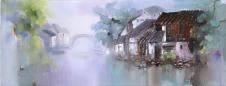 江南水乡油画素材高清大图下载: 古镇里的小桥流水人家油画欣赏 E