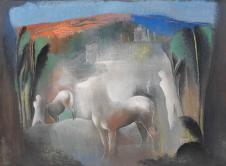 欧美抽象油画: BELA KADAR-Traumlandschaft(Pferde und Figuren im Licht Nr.II.) Wohl um