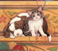 田园猫水彩画系列: 猫和睡着的狗