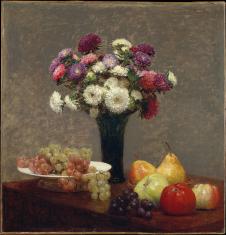  方丹·拉图尔作品: 桌上的翠菊和水果 Asters and fruit on a table