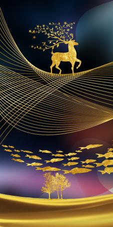 金色麋鹿和鱼群与线条装饰画欣赏: 鱼群金箔画素材下载