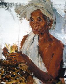 尼古拉费欣高清油画作品: 编筐的农妇