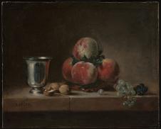 夏尔丹油画静物: 《桃子、银酒杯、葡萄和胡桃》