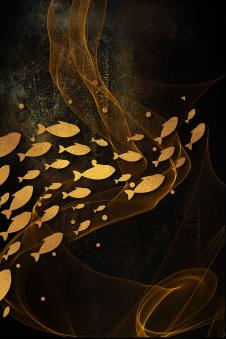 现代三联晶瓷画: 金色鱼群装饰画欣赏 A
